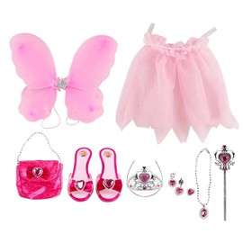 deAO 10 Fairy Princess Accessories with 1 Pair of Shoes, Tutu, Fairy Wings, Jewellery and Small Handbag and More (Pink)