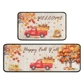 Fall Kitchen Rug Set of 2, Welcome Pumpkin Sunflower Orange Kitchen Rugs Truck Mat, Autumn Thanksgiving Washable Non Slip Absorbent Microfiber Indoor Floor Decor Mats 17"x 47"+17"x 30"