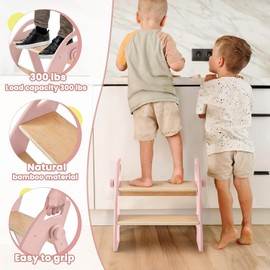 Reeple Wooden Step Stool, Two Step Stools, 300 lb. Load Capacity, with Safety Non-Slip Pads and Handles, Bamboo Step Stool for Bathroom and Kitchen, Children's Double Height Step Stools(Pink)