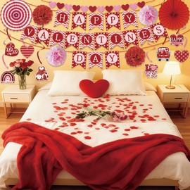 Valentines Day Decorations Set - NO DIY - Happy Valentines Day Banner & Red Pink Felt Heart Garland Banner & Hanging Swirls Valentine's Day Decorations for Home Office Bedroom Wedding Party Decor