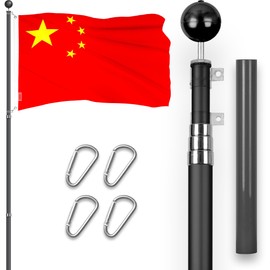 G128 Combo Pack: 16 Ft Telescoping Aluminum Flagpole (Black) & China Chinese Flag 3x5 Ft, ToughWeave Series Embroidered 300D Polyester | Pole with Flag Included