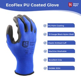 Shield Right EcoFlex PU Coated Work Safety Glove. 12 Pairs, Firm Grip, Thin and Lightweight Working Gloves, Polyurethane Coating, Multi Use, DIY, For Men & Women (9 Large)