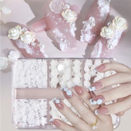 6 Grids White Camellia Nail Rhinestones,3D White Aurora Camellia Nail Art Charms Jewelry Acrylic Resin Flowers Design Floral Nail Design Nail Charm Supplies for Women Girls Nail Accessories Decoration