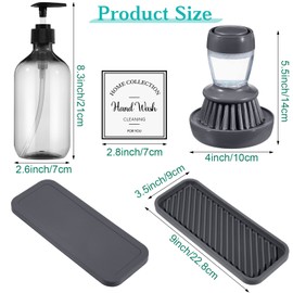 4 Pieces Kitchen Soap Dispenser Set Includes 16 oz Plastic Dish Soap Hand Wash Dispenser with Silicone Tray and Labels, Dish Brush with Soap Dispenser and Drip Tray, for Hand Soap Lotion (Black, Gray)