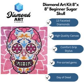 DIAMOND ART BY LEISURE ARTS Sugar Skull, 8"x8", Beginner Diamond Painting Kits for Adults, Diamond Art for Adults, Diamond Art Kit, Diamond Art Painting