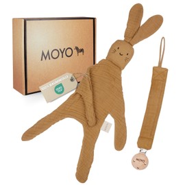 MOYO Baby Gift Set Made of Muslin, Power of Nature, 2-Piece Gift Set with Cuddly Cloth Rabbit and Dummy Chain, Birth Gift for Boys and Girls, Baby Gifts for Newborns