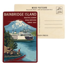 Bainbridge Island, Washington, Ferry and Island (4x6 Birch Wood Postcards, 2-Pack Stationary, Rustic Home Wall Decor)