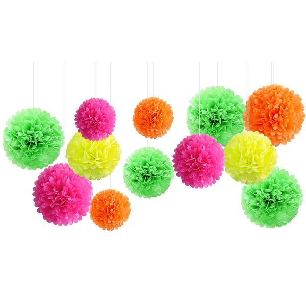 NICROLANDEE Blacklight Party Decorations - 12 Pack Fluorescent Tissue Paper Pom Poms for Birthday, Wedding, Glow in the Dark Party, Neon Party, Dance Photography.