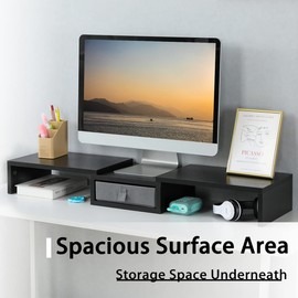 TEAMIX Dual Monitor Stand Riser with Drawer - Length and Angle Adjustable Double Monitor Riser Corner Desk Shelf Organizer 37 inch Long Monitor Riser for 2 Monitors/Laptop/PC/Screen/TV