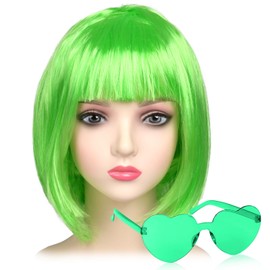 iZoeL iZoeL Bob Perücke Kurze Bob wig Damen Grün Haar Perücken Gerade mit Flach Pony 80er 70er Jahre Perücke Brille Karneval Fasching Cosplay Perücke