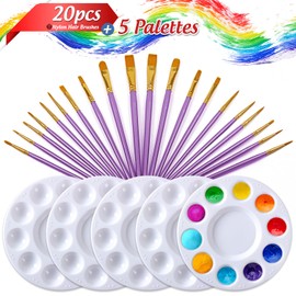 Paint Brushes Palettes Set by DUGATO, 2 Packs/20pcs Round Pointed Tip Nylon Hair Brushes with 5 Paint Trays for Acrylic Watercolor Oil Gouache Tempera and Body Painting (Purple)