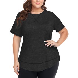 COOTRY Plus Size Workout Tops for Women Short Sleeve Loose fit Shirts Athletic Gym Yoga Clothing Short Black 4XL