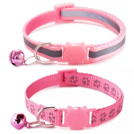 Pink Breakaway Cat Collar with Bells, [2 Pack] Break Away Kitten Collar with Bells, Reflective Cat Collar for Girl Cats Kitty