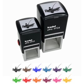 Fisherman in Fishing Boat Self-Inking Rubber Stamp Ink Stamper - 1-1/2 Inch Large - Blue Ink