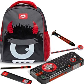 Tinc Children's Backpack School Bag + Compartment Pencil Case + Multicoloured Ballpoint Pen | Adjustable Straps + Bottle Holder | for School, Home, Boys & Girls | Kronk, Black & Red