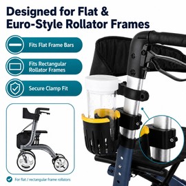 Flat Frame Walker Euro Rollator Cup Holder - Adjustable Clip-On Drink Holder for Wide Flat Frame Bars & Euro-Style Walkers, Holds Water Bottles, Coffee Cups and Travel Mugs