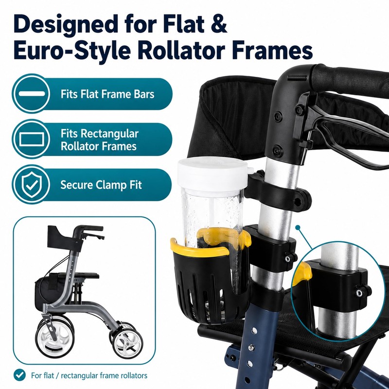 Flat Frame Walker Euro Rollator Cup Holder - Adjustable Clip-On