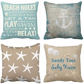 ZHILING Set of 4 Cushion Covers 40 x 40 cm Beach Starfish Words Rules Holiday Summer Nautical Anchor Taupe Decorative Throw Cushion Covers Home Decoration Square Cushion Cover 16 x 16 Inches