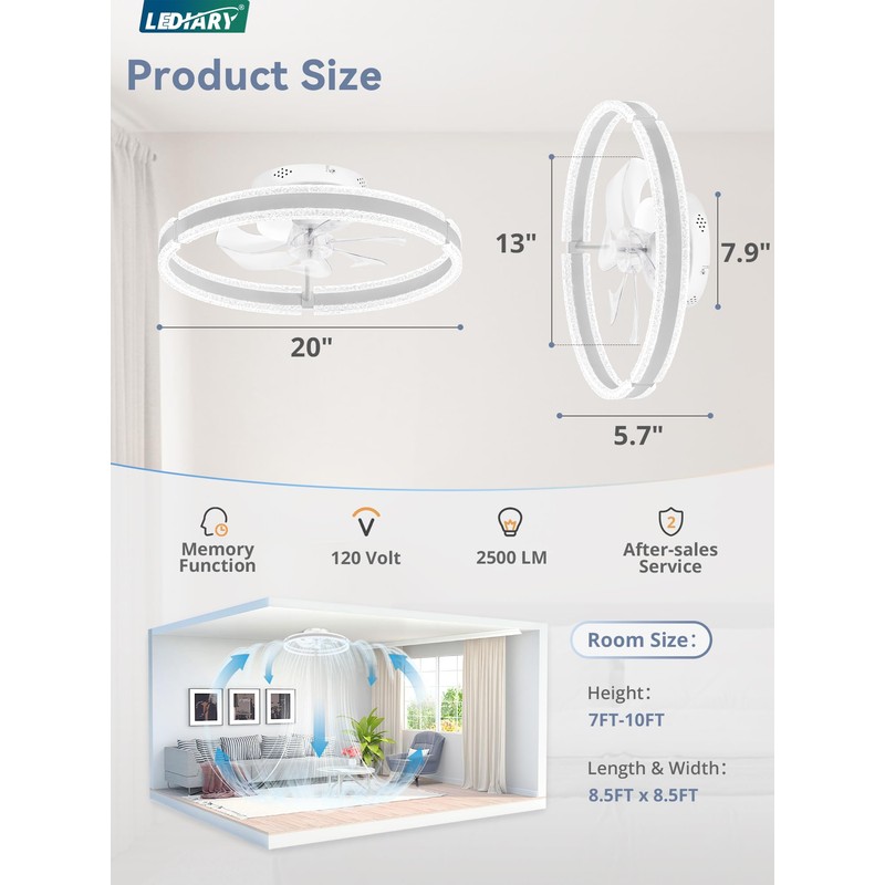 LEDIARY Ceiling Fans with Lights and Remote, 20'' Low Profile