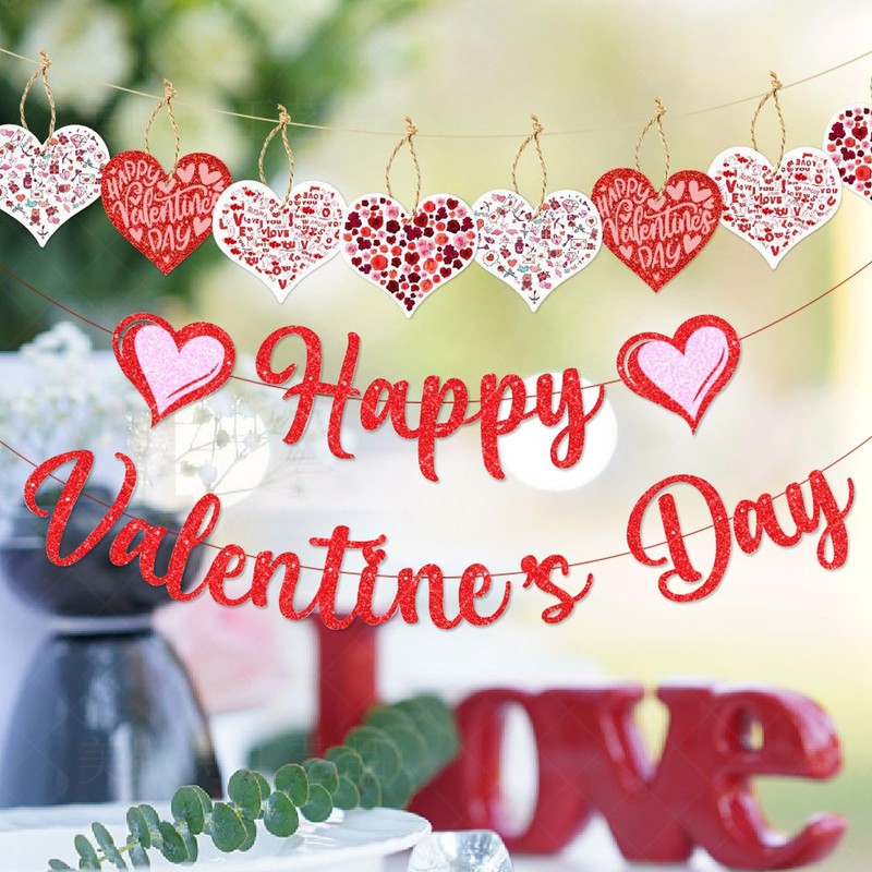 Happy Valentines Day Banner Red Glittery Paper Decorations Felt Garland