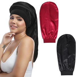 Coubeau Pack of 2 Sleep Caps for Women - Loose Satin Sleep Caps Long Sleep Caps for Women with Elastic Wide Brim Band Suitable for Long Braids Curly Hair Daily Use