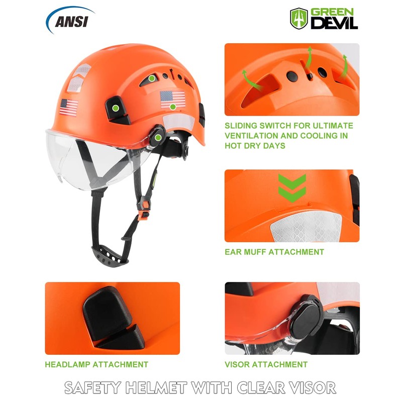GREEN DEVIL Safety Helmet Hard Hat with Visor Chinstrap Adjustable