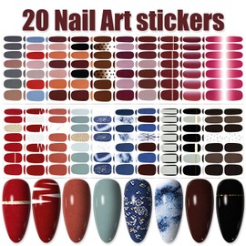 WOKOTO 20 Sheets Curated Color & Design Nail Polish Stickers Decals, Self Adhesive Gel Nail Strips Stickers Full Wraps with 1Pc Nail File, Multi-Design Stick On Nails Polish Strips Wraps
