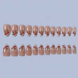 Mkwntg White French Tip Press on Nails Medium Almond Fake Nails Nude Pink Artificial Nails White French Nail Tips with Cherry Design Full Cover False Nails for Women Girls Acrylic Nail Art Kit 24Pcs
