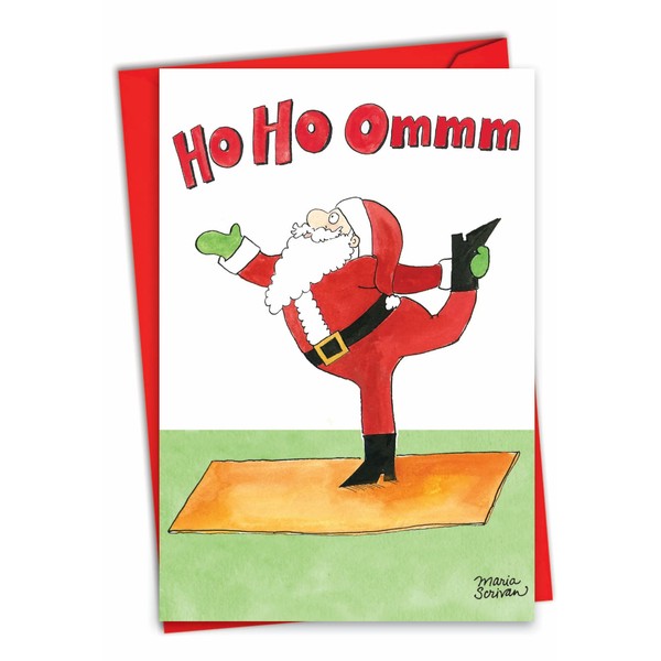 NobleWorks - Merry Christmas Greeting Card with Envelope (4.63 x 6.75 Inch) Funny Cartoon, Happy Holiday Humor - Santa Yoga 1885