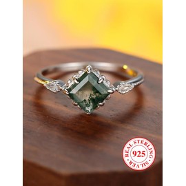 S925 Sterling Silver Natural Seaweed Agate Decorated Ring, Elegant Square Shaped Ring for Women, Trendy All-match & Exquisite Jewelry for Birthday Gift, Valentine's Day, Gift - Color: Silver, Size: 7