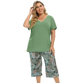 Vozanet Women's Pajamas Set Soft V Neck Sleepwear Top and Capri Pj Lounge Sets Plus Size Novel Floral Design Elegant Loungewear Capri Sets, Paisely Green, X-Large