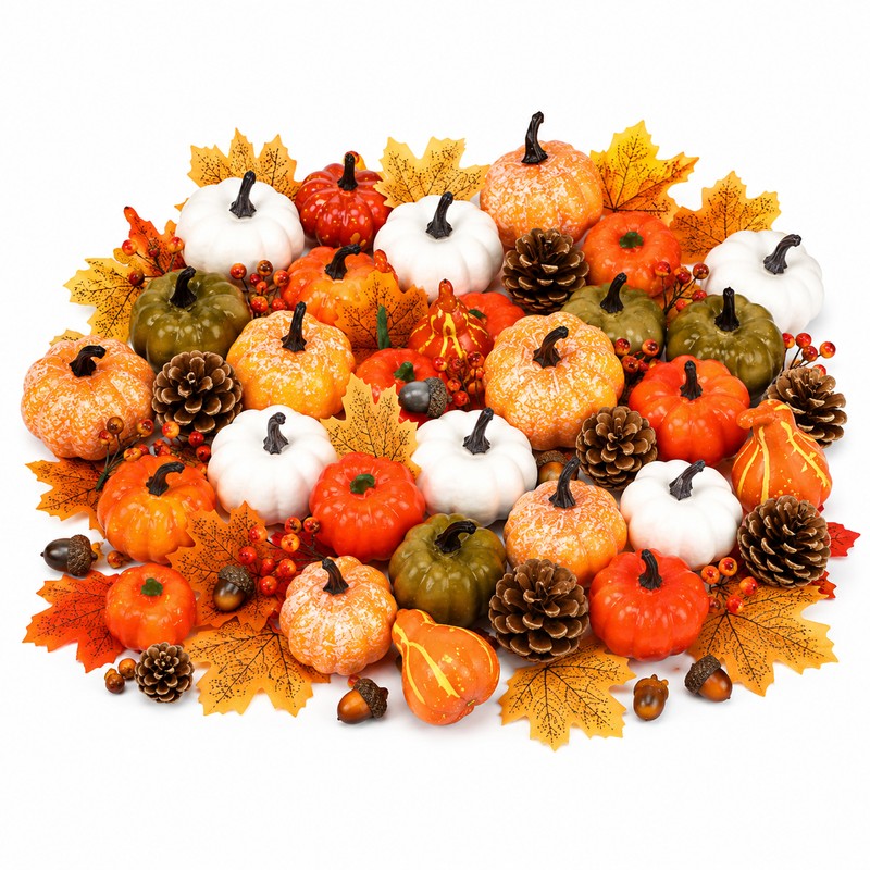 50Pcs Thanksgiving Artificial Pumpkins Set with Leaves Acorns and Pine