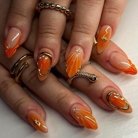 Orange Press on Nails Short Almond Fake Nails with 3D Pearl Shell Designs French Tip Nails Press ons Glossy Glue on Nails Gradient Acrylic Nails Nude False Nails Summer Stick on Nails for Women 30Pcs