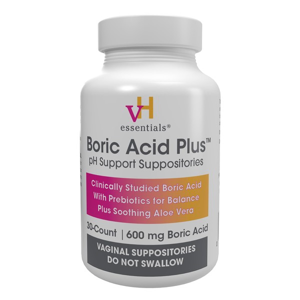vH essentials Boric Acid Plus Vaginal Suppositories, Prebiotic Infused with Soothing Aloe Vera, pH Support Formula Fights Odor and Promotes Freshness, 600mg Boric Acid, 30 Count