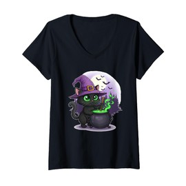 Womens Black Cat Witch with Cauldron and Moon V-Neck T-Shirt