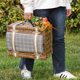 Wicker Picnic Basket for 2 - Willow Basket with Waterproof Picnic Blanket | Willow Picnic Set with Insulated Cooler | Wicker Hamper with Cutlery Kit | Gift Basket for Christmas, Thanks Giving, Grey