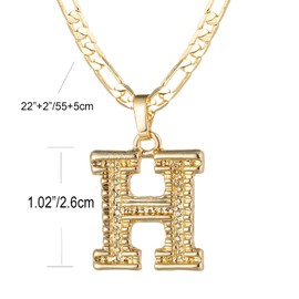 Initial Necklace for Women Men Teen Girls Boys, Gothic 18K Gold Plated 26 Letters Pendant Necklace, 3mm Wide Figaro Chain with Extension, Copper, Cubic Zirconia,