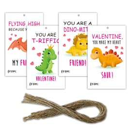 40 Pcs Dinosaur Valentine's Day Gift Tags, Hang Name Labels with Twine String for DIY Crafts, Kid Boys Girls Gift Wrapping Favor, Valentine's Day Party Activity Decor Supplies, 4 Designs - 04