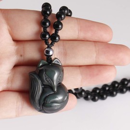 Jewboo Obsidian Lucky Fox Necklace Natural Stone Healing Crystal Pendant Protection Amulet Talisman Gemstones, Stone, Obsidian