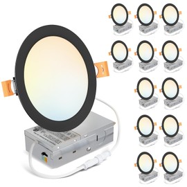 LVWIT 12 Pack Ultra-Thin Recessed Lighting 6 Inch with Junction Box, 1200LM 2700K-5000K 5CCT LED Ceiling Lights, Dimmable Canless Wafer Downlight, ETL,FCC&IC, Smooth Trim, Black