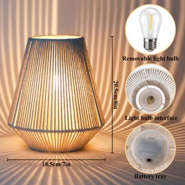JHY DESIGN Woven Lampshade Table Lamp 8"H Cotton Rope Bedside Lamp Cordless Small Battery Operated Lamp Decorative Bedside Lamp with 6 Hours Timer for Bedroom Living Room Weddings Parties Patio Events