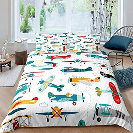 Feelyou Airplane Duvet Cover Set for Kids Toddler Cartoon Aircraft Bedding Set Cute Baby Boys Girls Comforter Cover with 1 Pillow Sham Twin