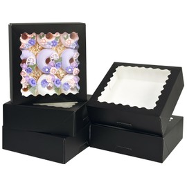 Bakepacker 36pcs Black Pie Boxes 9x9x2.5 inches Easy Assemble Macaroon Cookie Boxes Bakery Boxes with Window for Bakery (Auto-pop Up)
