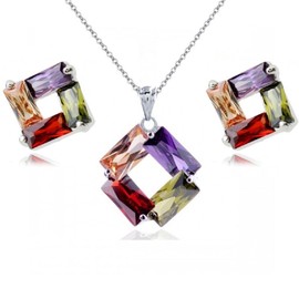 Crystalline Azuria Bunt Zirkonia Kristalle Rhombus Schmuck-Set Halskette Anhänger 45 cm Ohrringe 18 kt Weiß Vergoldet für Damen