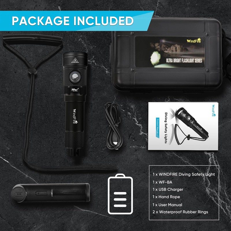 WindFire Dive Lights Scuba Diving Flashlight, IP68 Waterproof 262 ft