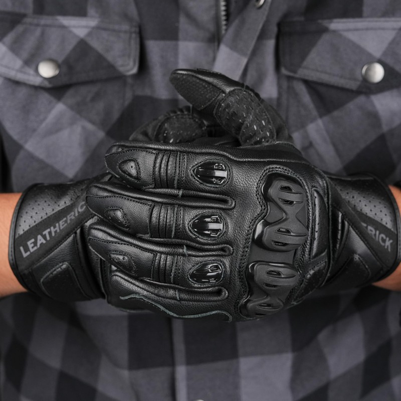 Leatherick Mens Motorcycle Gloves Black Genuine Leather CE Certified Protective