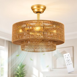 SEARART Boho Ceiling Fan with Light: 4-Lights Hand Woven Rattan Chandelier with DC Reversible,6 Speeds, 3CCT - Farmhouse Caged Ceiling Fan for Bedroom,Living Room,Kitchen,Nursery,Island