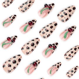 3D Press on Nails Medium Almond with Cherry Design, Nude Sand French Fruite Nail Press ons Glossy Glue on Nails for Women Reusable with Kit, Soft Gel Stick on Cute Fake Nail with Designs Perfectly Fit