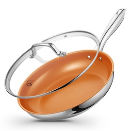 KOCH SYSTEME CS Stainless Steel Pan with Lid, 8 Inch Stainless Steel Frying Pan with Nonstick Copper Ceramic Coating, 8" Small Frying Pan with Lid, Stainless Steel Skillet, Induction Compatible