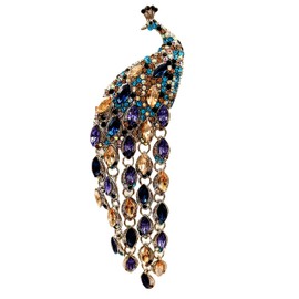 CYPINA Gorgeous Statement Colorful Oversize Peacock Brooch Pin with Tassel Tail Luxury Jewelry
